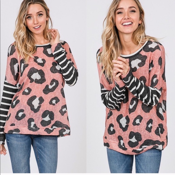 Tops - Mauve Leopard & Stripes top